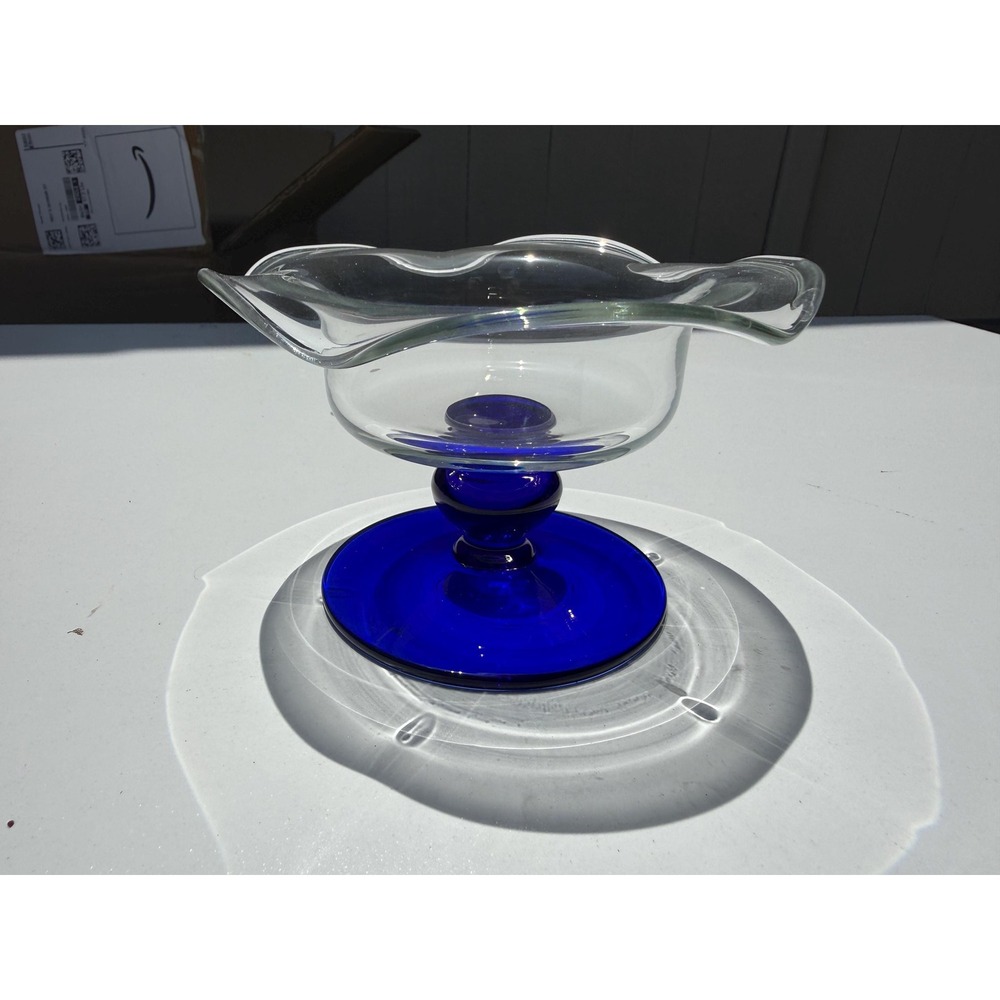 Princess House Crystal Sapphire Clear Cobalt Blue Footed Ruffled Compote Bowl